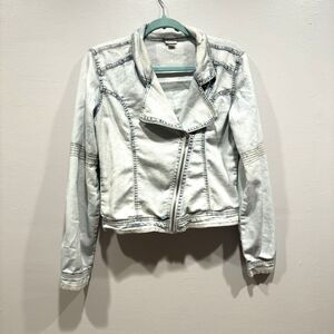 Chambray Moto Jacket Denim Jean Jacket Acid Wash Light Blue Y2K Grunge Girls XL